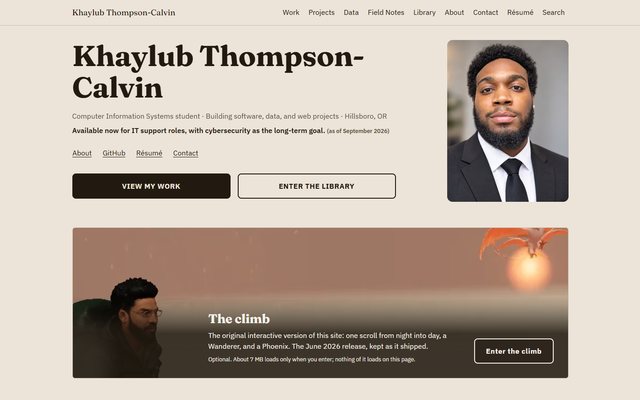 The Khaylub.com home page: the name, a portrait, and the entry to the climb